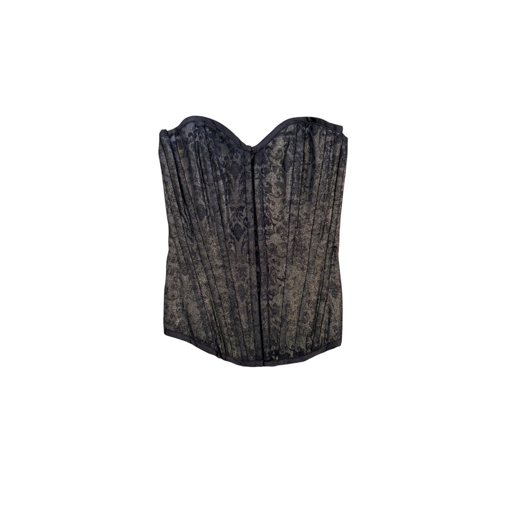 Guess Metallic Gold Black Brocade Lace Up Corset Top XS Sweetheart Boned Bodice